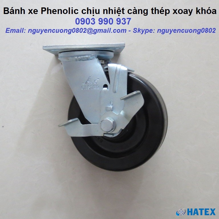 Bánh xe Phenolic chịu nhiệt độ cao Ø150 càng thép cố định